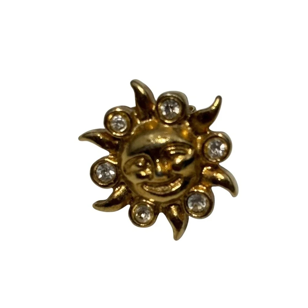Vintage Avon Gold Tone Rhinestone Smiling Sun Sunshine Pierced Stud Earrings